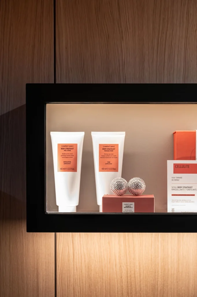 Skincare products displayed in a wooden cabinet.
